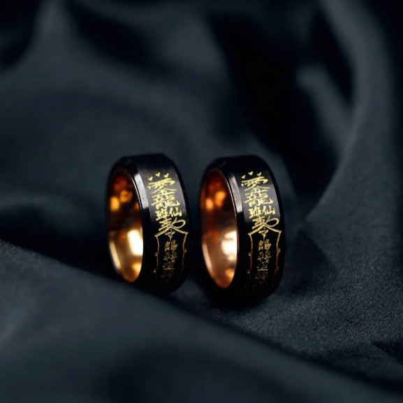 Limited Edition: Rotating Black & Gold Wealth Ring â Feng Shui Money Wheel, Hand-Engraved Prosperity Mantras, Luxury Black Titanium Jewelry for Men & Women