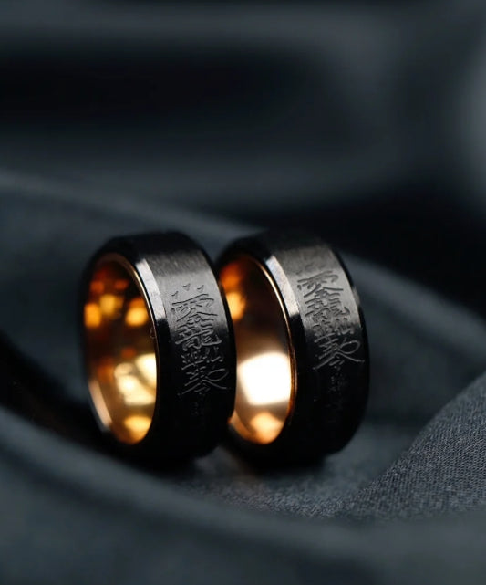 Limited Edition: Rotating Black & Gold Wealth Ring – Feng Shui Money Wheel, Hand-Engraved Prosperity Mantras, Luxury Black Titanium Jewelry for Men & Women