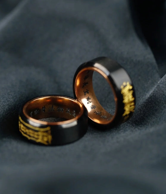 Limited Edition: Rotating Black & Gold Wealth Ring â Feng Shui Money Wheel, Hand-Engraved Prosperity Mantras, Luxury Black Titanium Jewelry for Men & Women