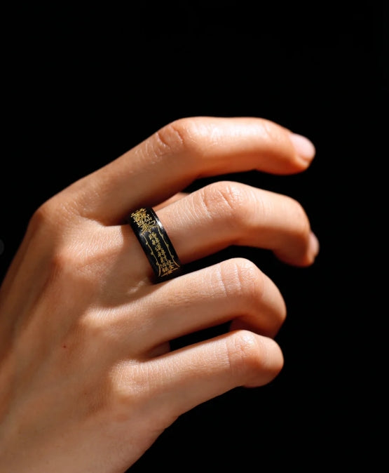 Limited Edition: Rotating Black & Gold Wealth Ring â Feng Shui Money Wheel, Hand-Engraved Prosperity Mantras, Luxury Black Titanium Jewelry for Men & Women