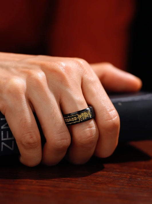 Limited Edition: Rotating Black & Gold Wealth Ring â Feng Shui Money Wheel, Hand-Engraved Prosperity Mantras, Luxury Black Titanium Jewelry for Men & Women