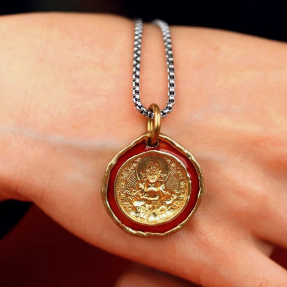 Yellow Jambhala Wealth Deity Necklace – Glow-in-the-Dark Enamel Pendant, Tibetan Buddhist Money Luck Amulet, Feng Shui Abundance Jewelry