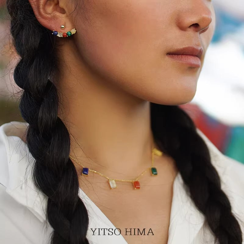925 Silver Tibetan Five-Color Gemstone Necklace & Earring Set - Natural Stone Ethnic Jewelry