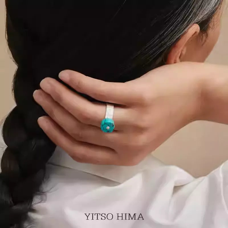 Original Design Raw Turquoise Ring Set - Hand-Hammered 925 Silver Bands - Unique Unisex Matching Rings