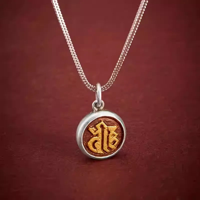 Pure Silver & Tibetan Alloy Men's Pendant - Fire-Gilded Bija Mantra Amulet, Traditional Handcrafted Jewelry