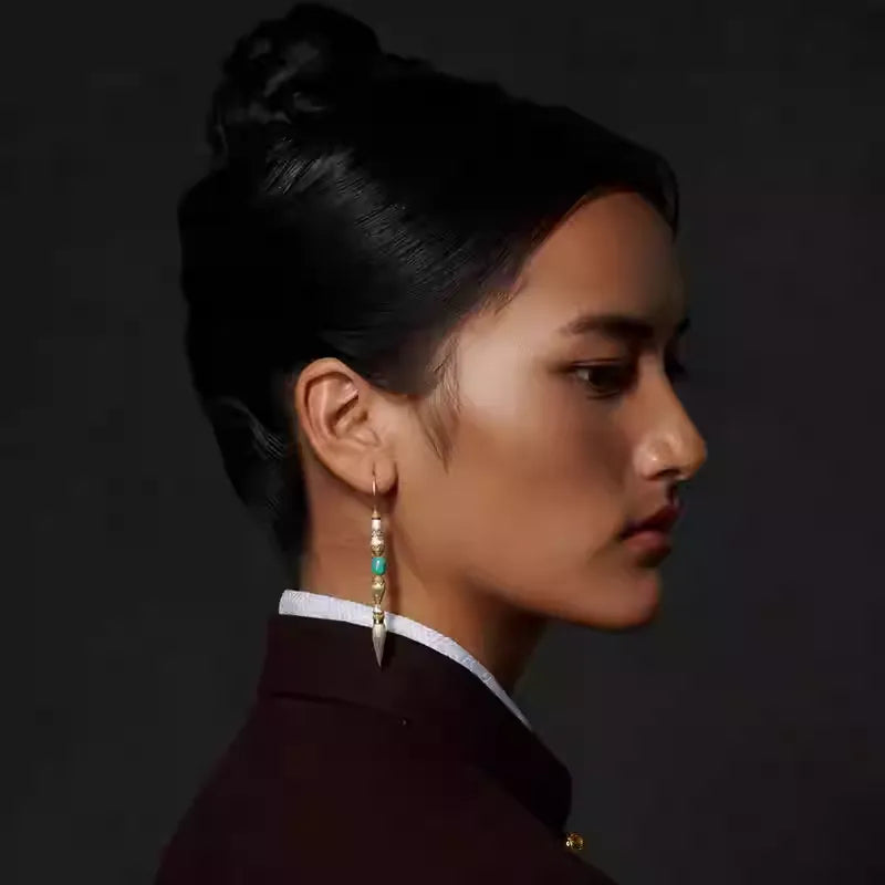 Handcrafted Tibetan Silver "Suoji" Earrings with Natural Raw Turquoise - Original Niche Design