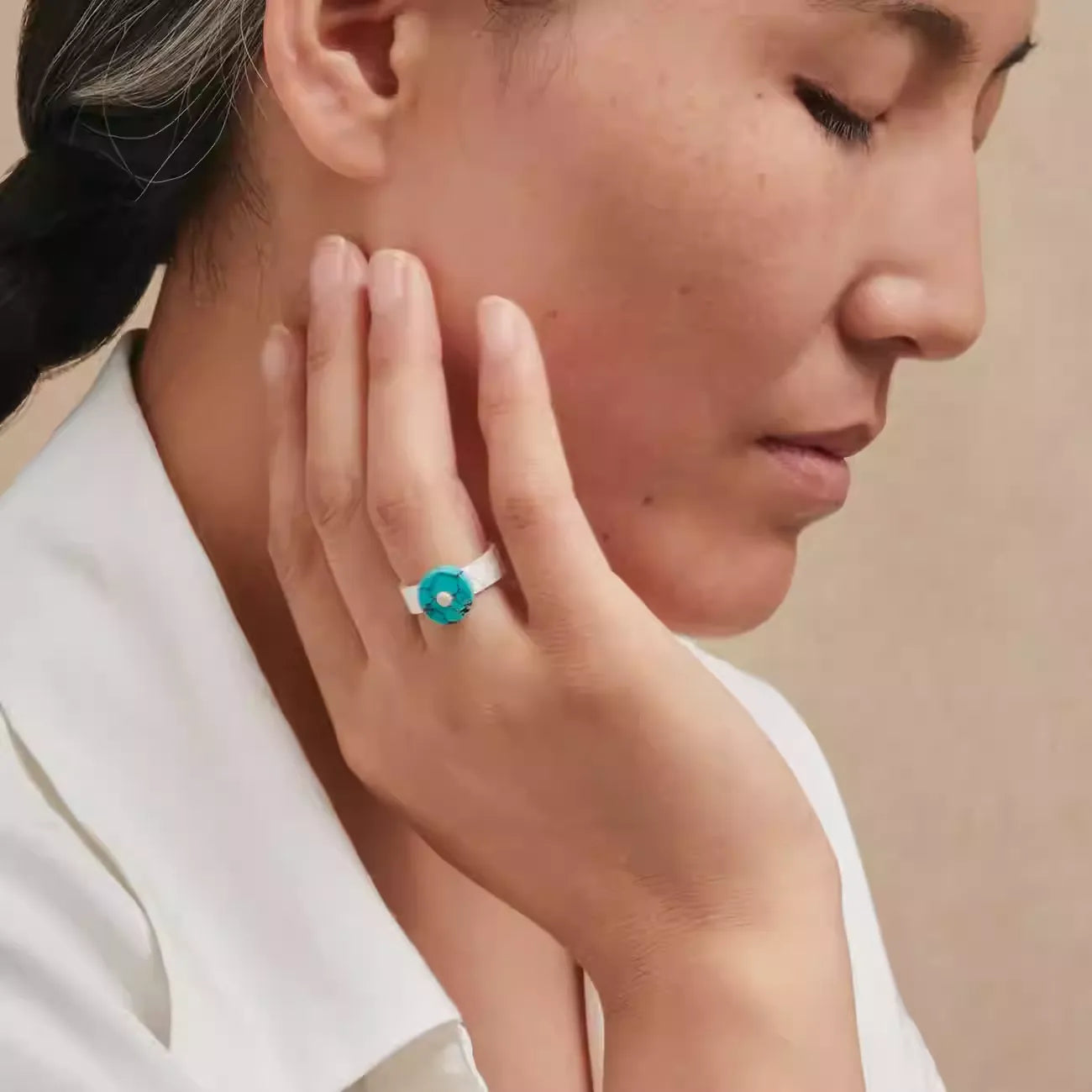 Original Design Raw Turquoise Ring Set - Hand-Hammered 925 Silver Bands - Unique Unisex Matching Rings