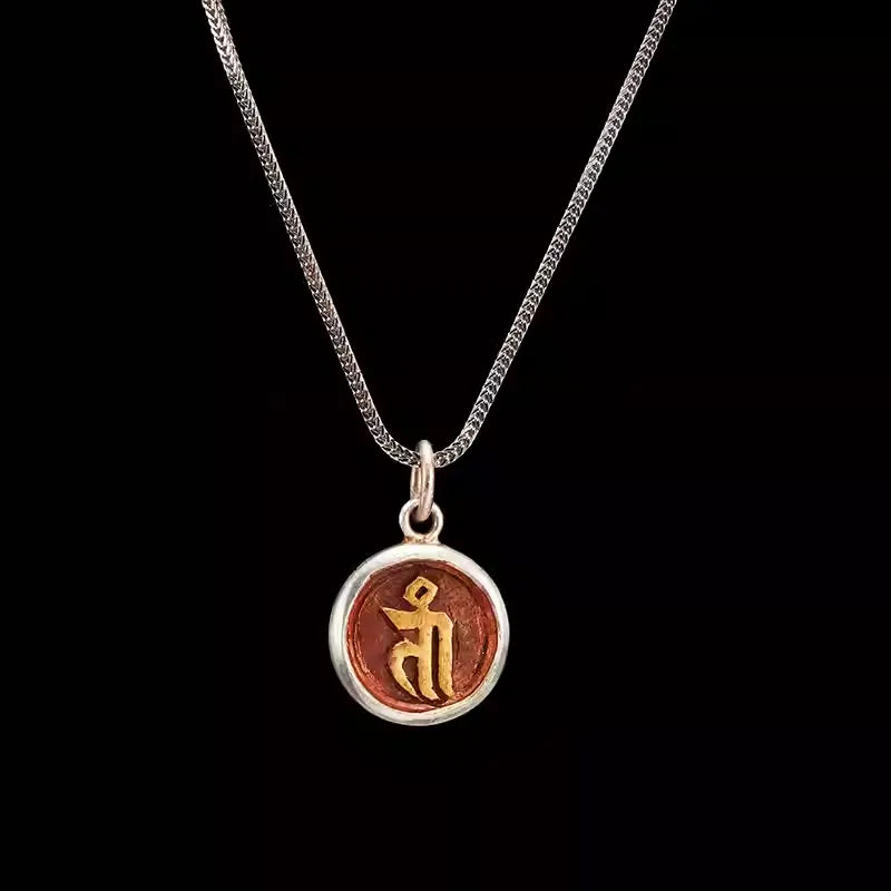Pure Silver & Tibetan Alloy Men's Pendant - Fire-Gilded Bija Mantra Amulet, Traditional Handcrafted Jewelry