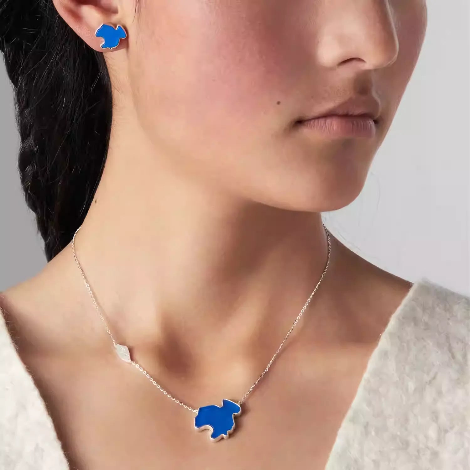 "Blue Pearl of the Plateau" Natural Blue Agate Silver Set - Original Design Necklace and Earrings Inspired by Kokonor Lake