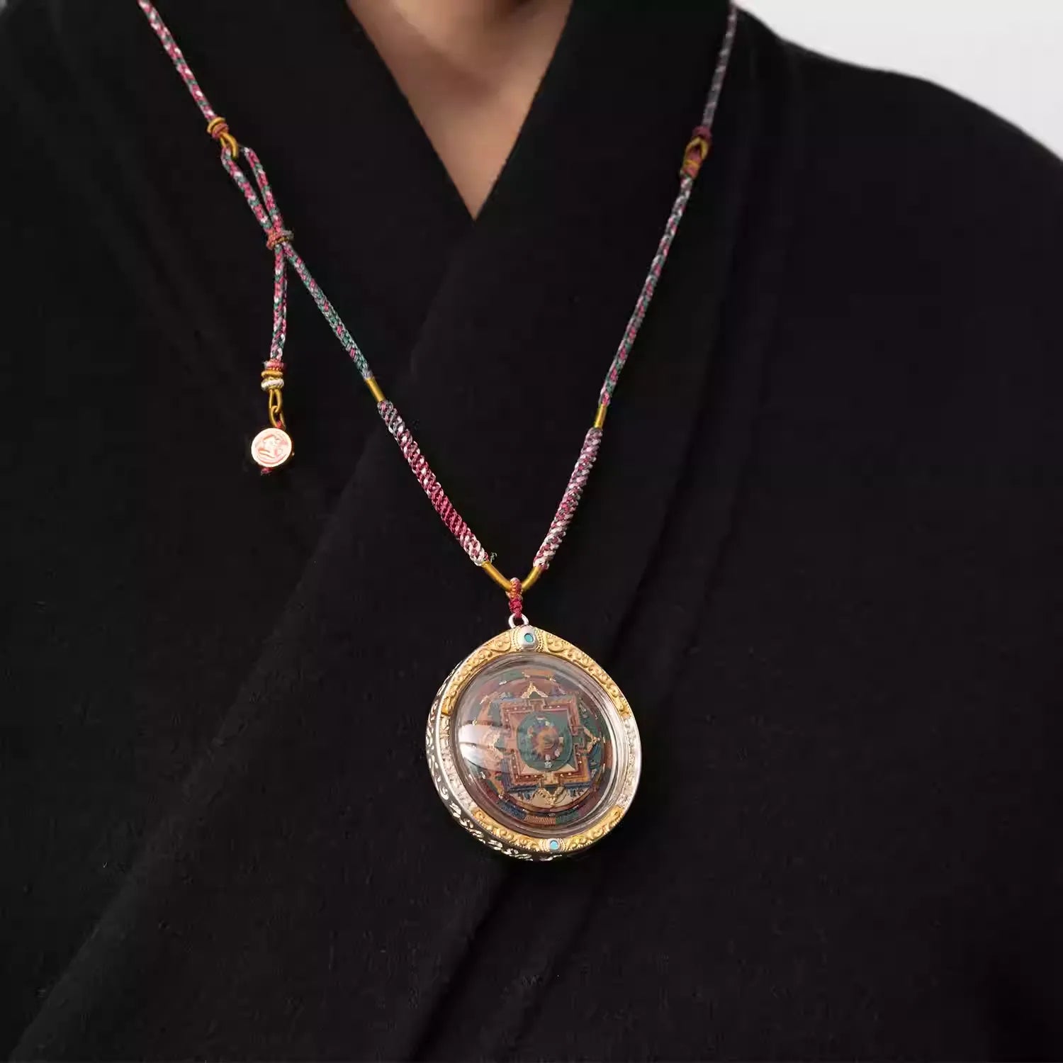 Unique Tibetan Thangka Art Pendant - Hand-Painted & Clay Sculpted Gold Vermeil Necklace