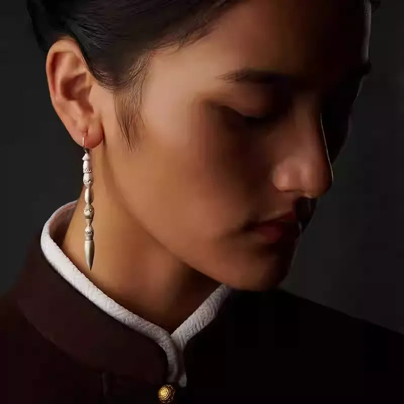 Handcrafted Tibetan Silver "Suoji" Earrings with Natural Raw Turquoise - Original Niche Design