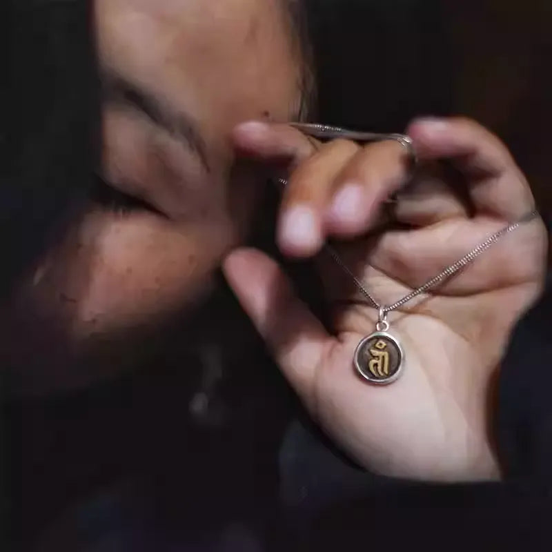 Pure Silver & Tibetan Alloy Men's Pendant - Fire-Gilded Bija Mantra Amulet, Traditional Handcrafted Jewelry
